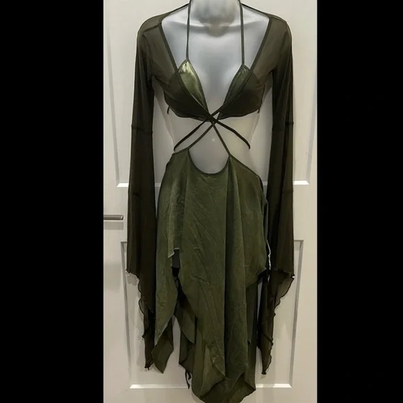 Darker Wavs Dolls Kill ‘ECHO’ Asymmetrical Mesh Dress Dress Green NWT XL - Picture 4 of 11